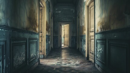 The mysterious hallway with creaking doors hints at untold fears and spectral tales waiting to be unraveled. - obrazy, fototapety, plakaty