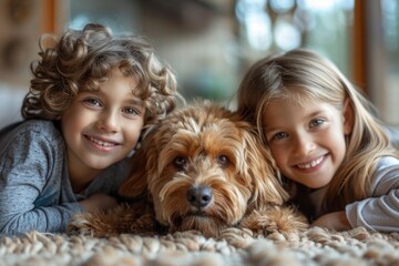 A curly-haired boy and a girl share a moment with a cuddly dog on a carpet - obrazy, fototapety, plakaty