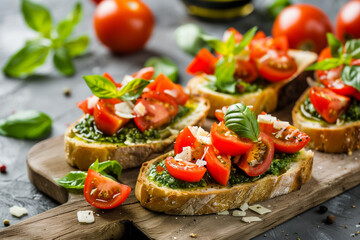 Wooden Cutting Board With Veggie-Topped Bread Slices