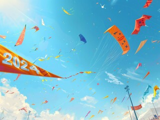 Obraz premium Colorful Kite Festival: Vibrant Kites Soaring in the Sky at an Exciting Event