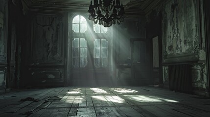 Capture the haunting allure of an antique chandelier's eerie shadows in a deserted hall, ideal for evoking gothic horror ambiance.