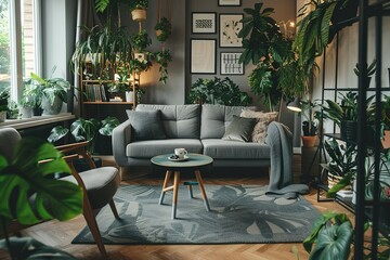 Fototapeta premium contemporary scandinavian stylish interior of living room with design grey sofa, armchair, a lot of plants, coffee table, carpet and personal accessories in cozy home decor. Template