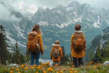 A family stands admiring the breathtaking panoramic view of the mountain range, symbolizing togetherness and a love for nature