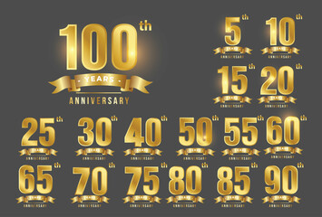 A set of anniversary sign, Shiny luxury golden alphabet and number with ribbon, Anniversary Symbol