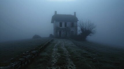 Exploring the foggy path towards a decrepit haunted house unveils an eerie invitation to the unknown, ideal for mystery thrillers.
