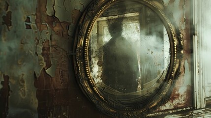 A haunting image captured in an aged mirror, featuring ghostly figures with an eerie blur, perfect for ghostly research.