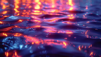 A mesmerizing display of neon lights reflected on rippling water, transforming the surface into a canvas of ever-shifting colors and shapes.