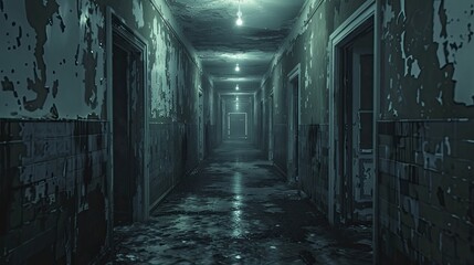 Explore the chilling depths of an abandoned asylum through a gloomy corridor with flickering lights, capturing an eerie atmosphere for horror enthusiasts.