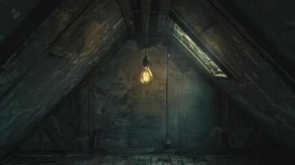 An eerie photograph of a dim attic room, with a flickering lightbulb, encapsulates a haunting and claustrophobic ambiance, perfect for thrillers. - obrazy, fototapety, plakaty