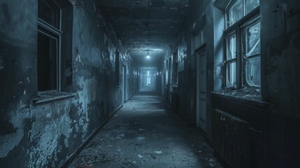 Step into the chilling depths of an abandoned asylum's eerie corridor, where flickering lights cast shadows of forgotten horrors.