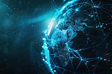 Digitalization Concept Global hi tech, mechanical technology. 3d Earth Digital Connected Network Background. Worldwide Big Data Cloud. World Connections with Light Lines. Spinning Futuristic 