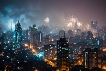 Obraz premium Beautiful Mumbai's skyline illuminated by spectacular fireworks. Ai generated
