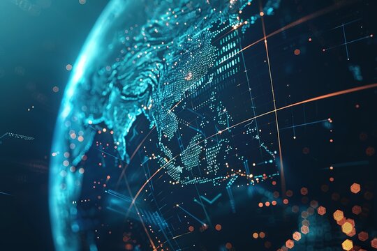 Digitalization Concept Global hi tech, mechanical technology. 3d Earth Digital Connected Network Background. Worldwide Big Data Cloud. World Connections with Light Lines. Spinning Futuristic 