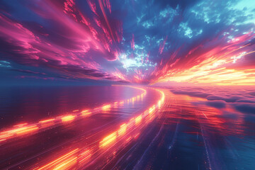 Dynamic streaks of light streaking across a virtual skyline, painting the horizon with vibrant hues of neon and pastel.