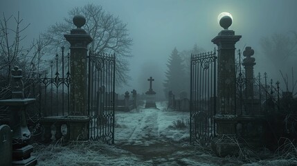 Moonlit cemetery gates with an ominous fog, photo capturing the classic horror setting, perfect for ghostly encounters.