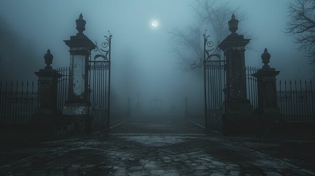 A haunting scene unfolds at the moonlit cemetery gates, cloaked in an ominous fog, setting the stage for ghostly encounters.