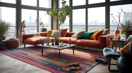 a statement kilim rug that serves as the focal point of a stylish, urban living room