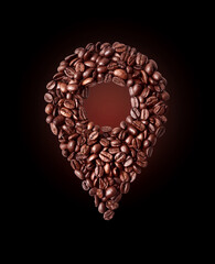 Location sign made of coffee beans on a black background