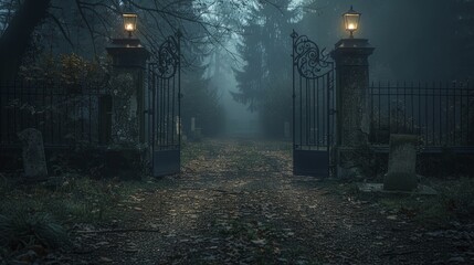 Old cemetery gates partially open at night, photograph evoking an invitation to a ghostly realm, perfect for supernatural stories.