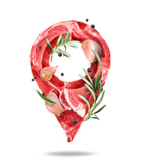 Location symbol made of raw beef meat steaks with garlic and rosemary, isolated on a white background