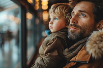 Fototapeta premium A contemplative father and his young son gaze out a window, reflecting a bond and sense of wonder