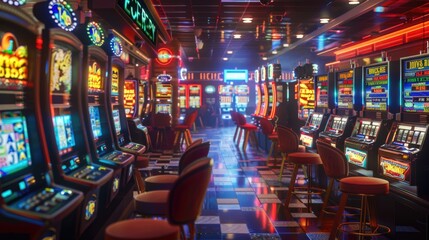 Bright Casino Interior with Rows of Slot Machines and Vibrant Lights