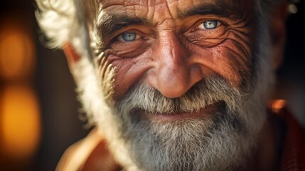 Highresolution closeup of an elderly mans face showing genuine happiness, emphasizing the smile lines and sparkling eyes