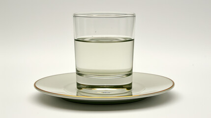 A glass of water sits on a white plate - obrazy, fototapety, plakaty