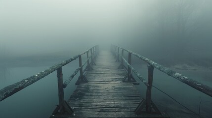 Fototapeta premium A haunting aura envelops the abandoned bridge in the misty backdrop, inviting eerie whispers and mysterious tales.