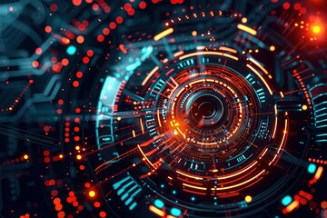 Obraz premium Futuristic core element with electronic circuit motion. modern conceptual hi tech, mechanical technology background for cyber security concept. Seamless loop