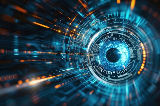 future hi tech, mechanical technology, blue eye cyber security concept background, modern conceptual hi speed digital internet.motion move blur. pixel. elegant