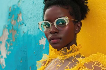Fashionable African Woman with Bold Glasses Against Colorful Backdrop