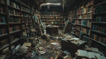 Photograph of a dimly lit library with books strewn about, capturing the chaos and mystery of a sudden abandonment.