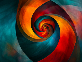 Abstract spiral art with a blue, orange and red color.