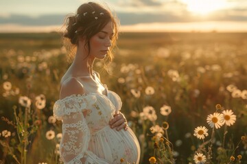 The warm glow of sunset envelops a pregnant woman standing in a field of daisies, creating a serene and tender moment captured in this photograph