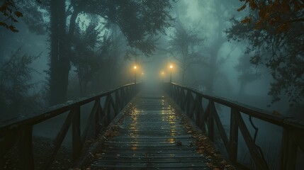 Fototapeta premium A haunting mist shrouds the eerie bridge by moonlight, beckoning an exploration into the chilling depths of the unknown.