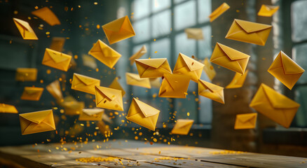 A swarm of yellow envelopes burst forth from a table