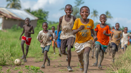 11. Sports and Recreation: Refugee youth come together on a makeshift soccer field, their laughter and camaraderie filling the air as they engage in friendly competition and physic