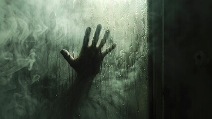 Photograph of a shadowy hand pressing against a steamy glass, perfect for horror scenes involving imprisonment and escape.