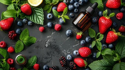 Close up of essential oil bottle with berries and mint leaves