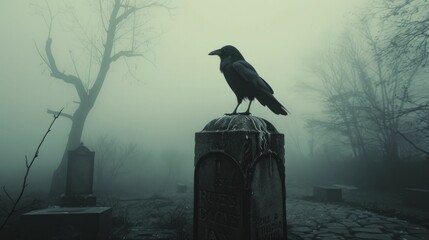 Obraz premium Silhouette of a crow perched on a tombstone in dense fog, minimalistic photo perfect for themes of death and omens.