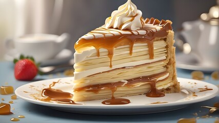 Type of Image: Digital Illustration, Subject Description: A digital illustration depicting a slice of Napoleon cake with layers of pastry and cream, drizzled with rich caramel sauce, sitting on a whit