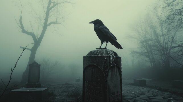 Silhouette of a crow perched on a tombstone in dense fog, minimalistic photo perfect for themes of death and omens.