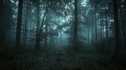 Obraz premium Whispering shadows in a dark forest, high contrast photo, conveying the terror of being watched, suitable for horror film promotions.
