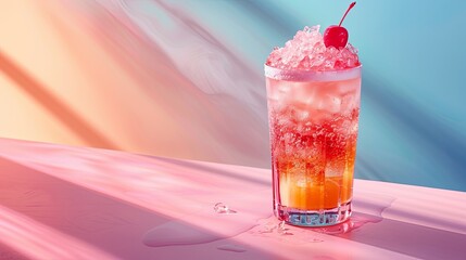 Closeup of classic cocktail with cherry garnish in highball glass on table