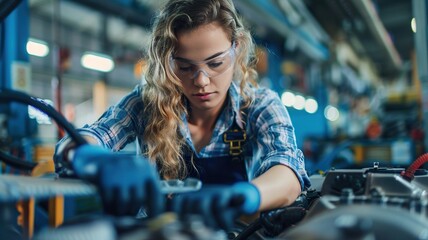 Young woman specialist working in garage. Generative AI