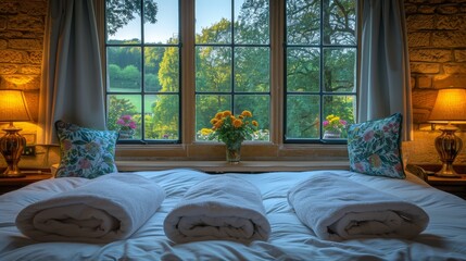   A bed, draped in white linens, faces a window Atop the sill, a vase brims with blooms