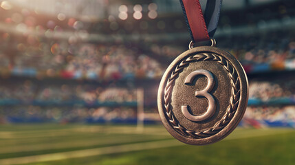 Close-up of a bronze medal against the background of a blurred stadium at the Olympic Games, award at the championship or Olympics for 3rd place, bronze medal