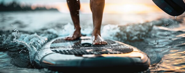 A close up of the legs in paddle board on the sea, feeling free. - obrazy, fototapety, plakaty