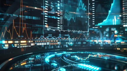 Ultramodern investment tools on holographic displays allow traders to interact with financial markets in innovative and immersive ways